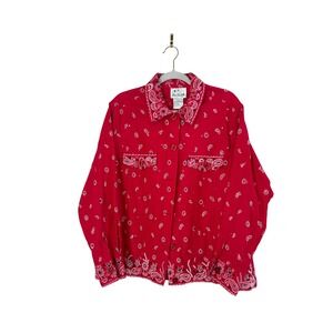 The Quacker Factory Red Bandana Print Sparkle Button Up Shacket Western Paisley